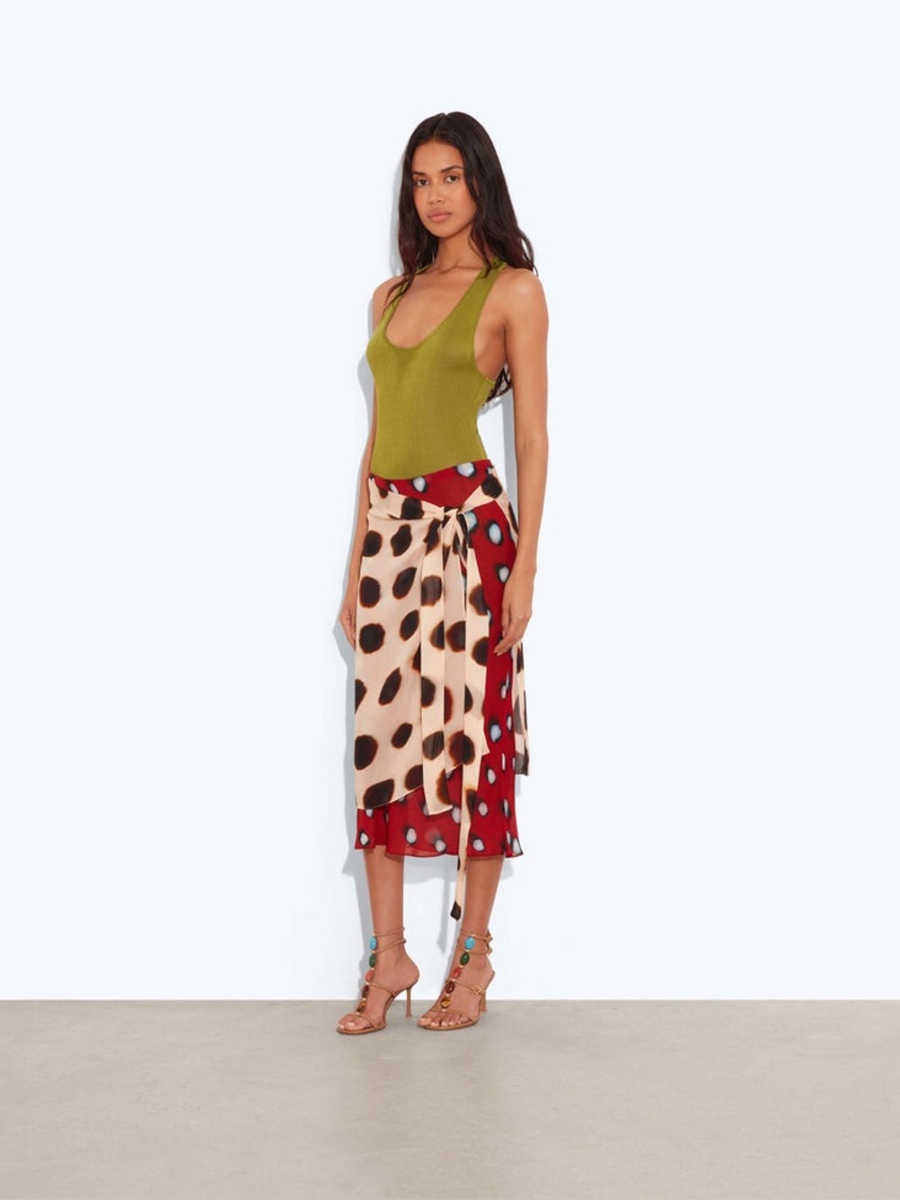 NWOT RAT&BOA RHETA SKIRT Polka Dot Wrap Midi Skirt in Red Cream and Brown